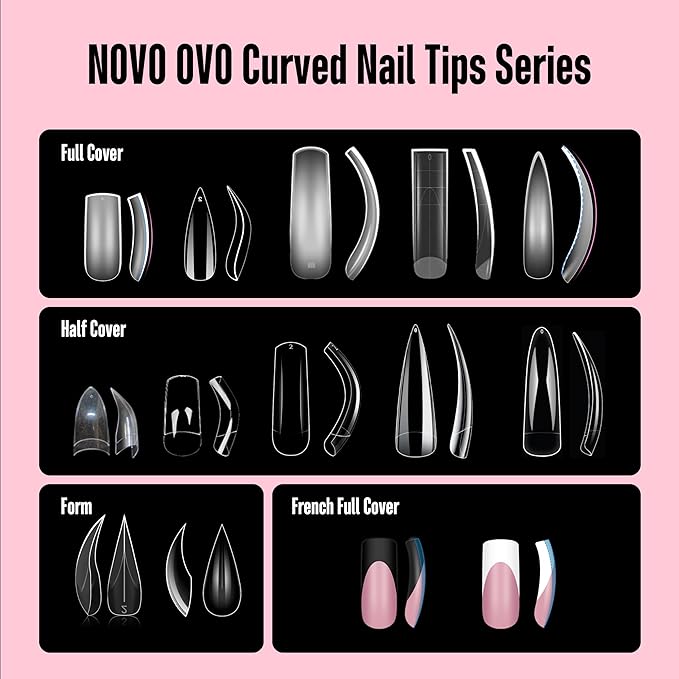 NOVO OVO Halloween 100 pcs Long Hawk Curved Nail tips, Clear Cystal Extra Super Extreme Deep Curve Half Cover Tapered Square Eagle Claw Soft Gel False Nail Extension for Acrylic Nails x10 Sizes in Box