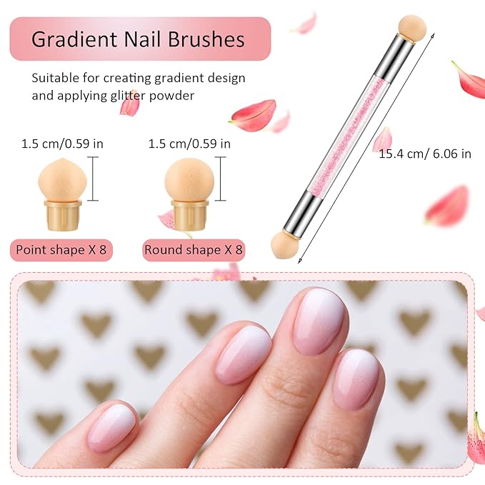 Maitys 4 Pcs UV Gel Gradient Sponges Pens with 16 Pcs Replacement Head Nail Sponges for Ombre Double Head Brush for Nail Art Manicure DIY Tools(White, Pink, Purple, Red)