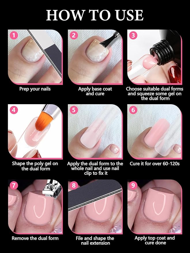 EBANKU Poly Gel Toenail Kit, Toe Dual Nail Forms Reusable Poly Gel Nail Kit for Toe Nail Extension Gel Press on Toe Nail Tips Poly Gel Toenail Forms for Women Pedicure Tools, 120PCS, 12 Sizes