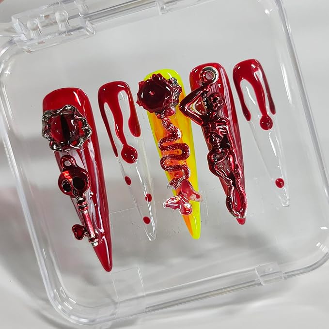 Halloween Handmade Press on Nails Extra Long Stiletto 3D Nails Horror Thick Acrylic Fake Nails Red Gothic False Nails with Blood Drop Skull Designs Sturdy Nail Art Press on Nails 10Pcs(S)