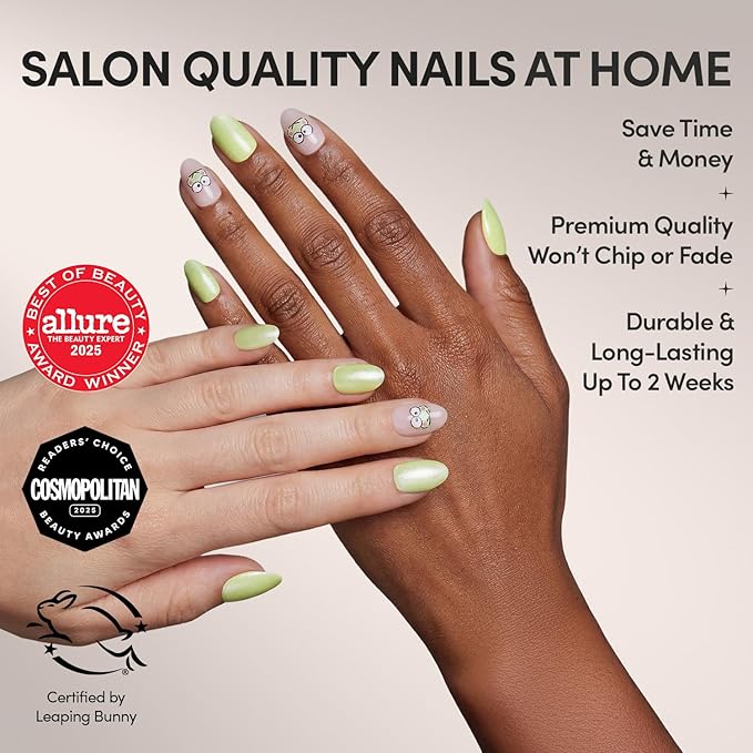Glamnetic x Hello Kitty® and Friends Press On Nails - Keroppi™ | Short Oval Pastel Green Graphic Fake Nails in a Velvet Finish | 15 Sizes - 30 Nail Kit with Glue