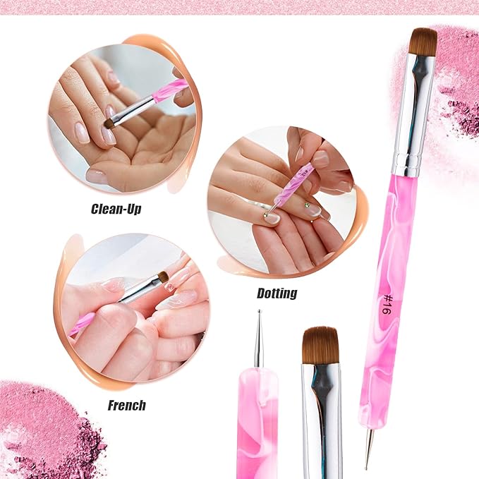 French Manicure Brush - 2 Way Nail Art Brush with Dotting Tool for Cuticle Clean Up & Design - Professional Salon Quality, Nail Dotting Pen (Peach, 12#)