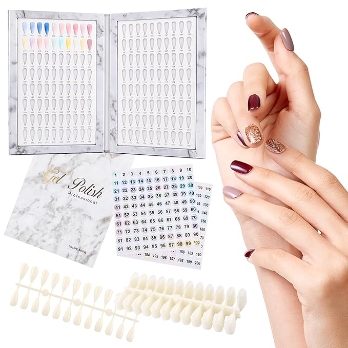 160 Color Nail Display Book with 240 Nail Tips and 1-200 Numbered Labels, Easy to Install, Removable Design, Portable Book Style, Space-Saving for Nail Art