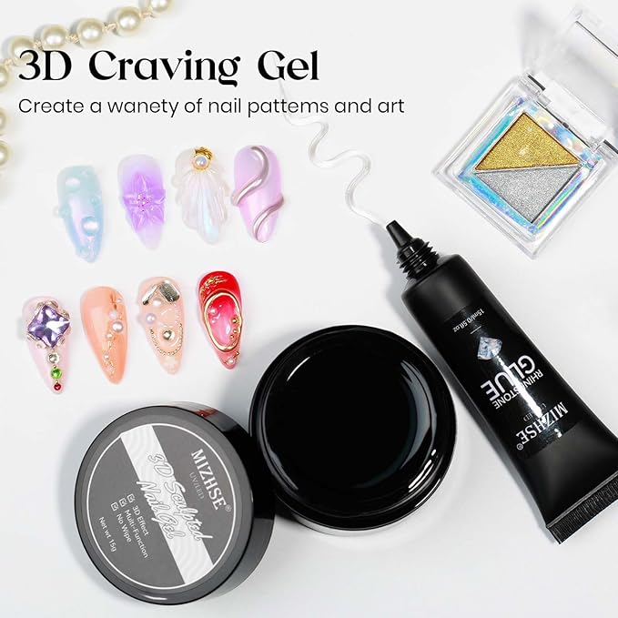 MIZHSE 3D Painting Gel and Rhinestone Glue for Nails, Clear 3D Nail Gel 3D Sculpting Gels U V LED Nail Charm Glue Salon Art Home DIY