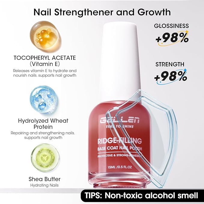GELLEN Clear Nail Polish Ridge Filling Base Coat, Sheer Red Tint Ridge Filler For Nails, Fortify Nourish Condition Damaged Dry Finger Nails | Shea Butter, Vitamin E, Protein | Toxin HEMA & TPO Free