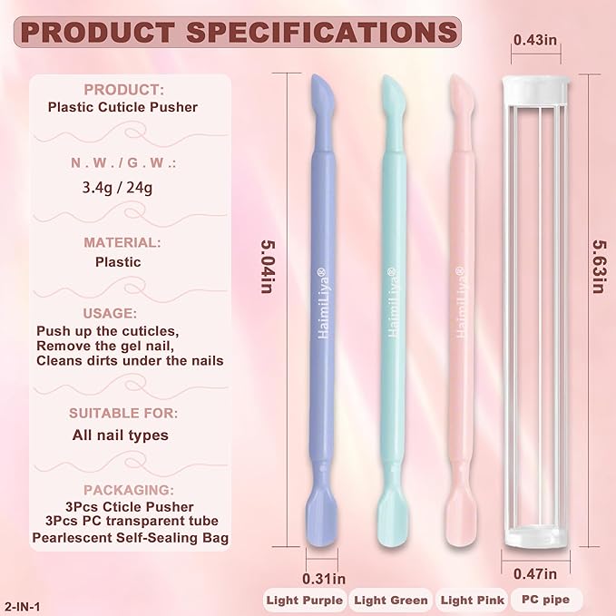 3Pcs Plastic Cuticle Pusher, Dual-end Dead Skin Nail Pusher Nail Dirt Cleaner Tool Gel Polish Remover Tool, Gentle Plastic Pusher with Stable Rubberized Grip, Manicure Tool