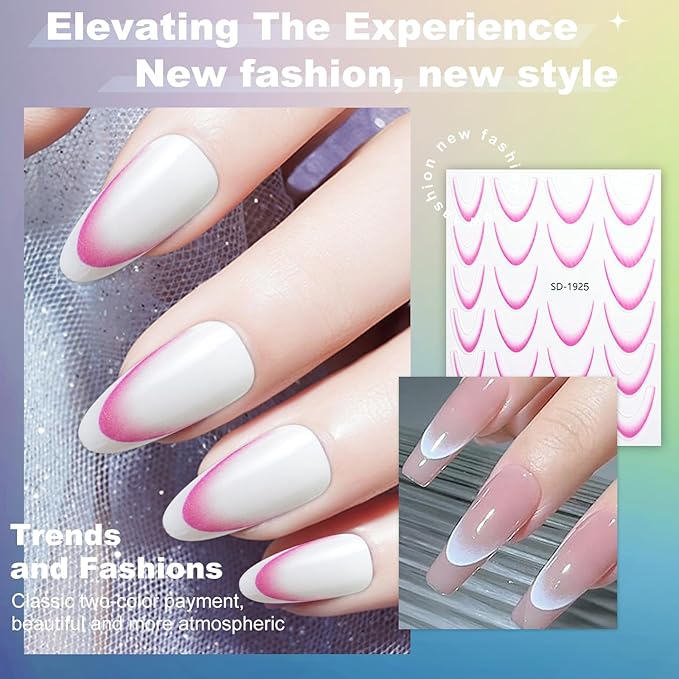 12 Sheets French Tip Nail Stickers for Gradient French Line Nail Art Stickers, Color Wave Stripe Nail Decals Self Adhesive Nail Tips Guides Stripe Lines Sliders for Women Girls Nail Decoration 807-3