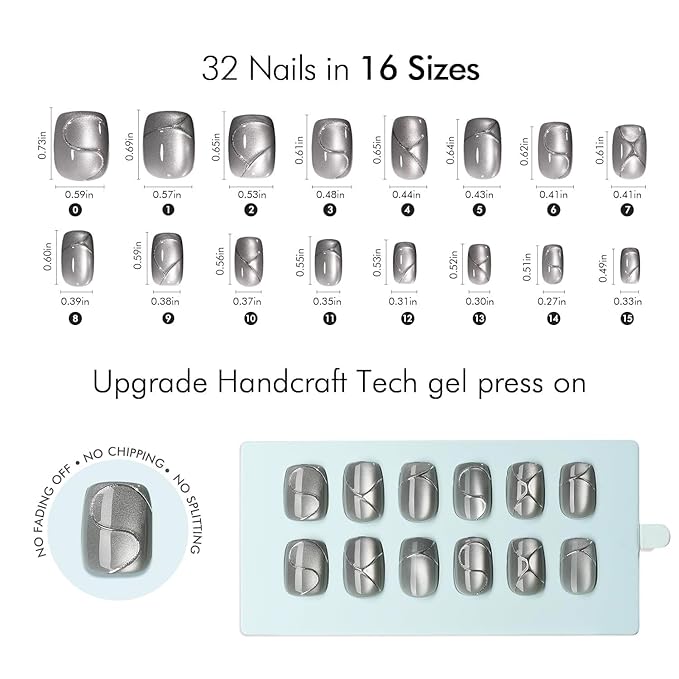 VSALON Press on Nails Short Square - Silver Gray Cat Eye Glossy Valentine 3D Art Design Glue on Nails, Reusable Opaque Gel Fake Nails Gifts for Women - 32 PCS in 16 Sizes with Glue & Cuticle Oil
