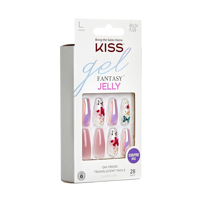 KISS Gel Fantasy Press On Nails, Nail glue included, Jelly Cookie', Pink, Long Size, Coffin Shape, Includes 28 Nails, 2g glue, 1 Manicure Stick, 1 Mini File (Pack of 2)