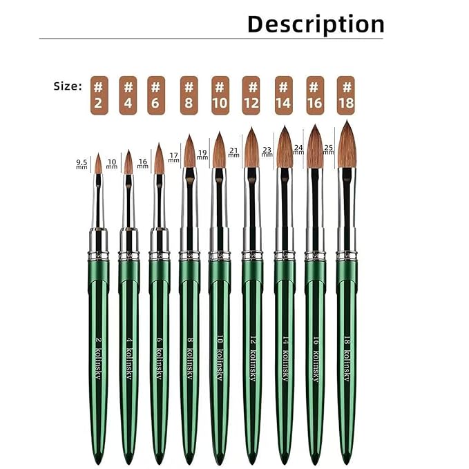 Nail Art Brushes Acrylic Nail Brushes Pure Kolinsky Hair Acrylic Crystal Chrome Green Handle with Silver Ferrule Round Shaped for Women Girls Manicure Tools Accessories- Size 8