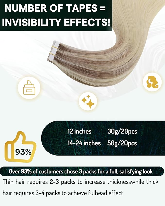 RUNATURE Tape in Extensions Human Hair Balayage, Real Human Hair Tape in Extensions, 16 Inch Ombre Blonde Tape in Hair Extensions, Full Head Natural Hair, Ash Blonde Fading to Light Blonde 50g 20pcs