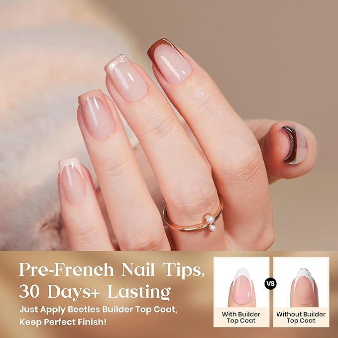Beetles Pess On Nails Kit-Mocca Mousse French | 7 Colors Short Square French Tip Press On Nails | 224Pcs 16 Sizes All-in-One Kit Winter Nails With Nail Glue,Remover,Builder Top Coat,Nail Lamp
