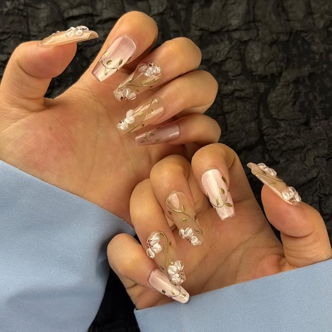 Trendy Handmade Press On Nails Medium Coffin Shape,10Pcs Hand Painted Acrylic Fake Nails with 3D Flower Charm Design Clip On Nail for Woman Gift