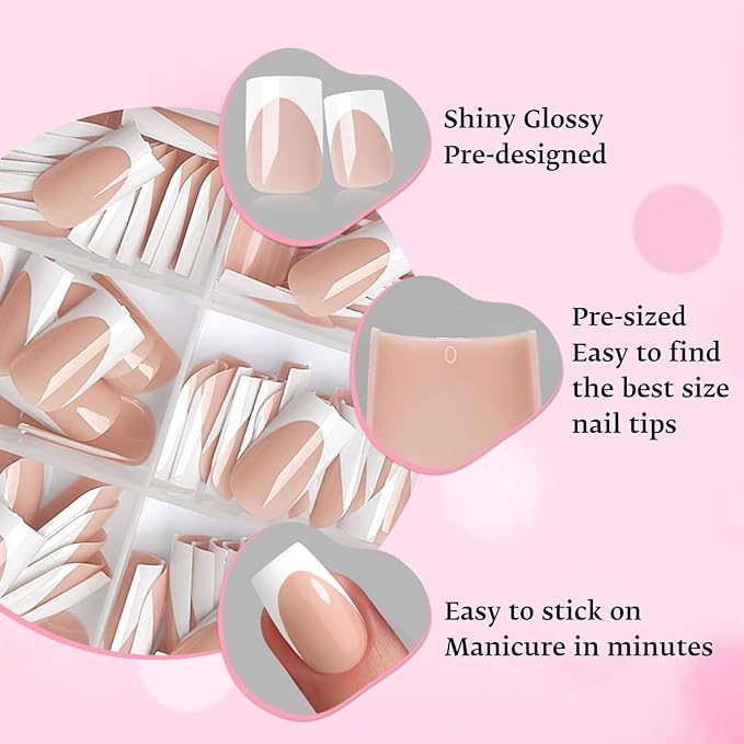 280pc French Tips Press on Nails Medium Square Fake Nail with Glue Tabs, French Tips Glue on Nails Press on Nail Square Acrylic Nails Medium Artificial Fingernails Women Girls Beige False Nails