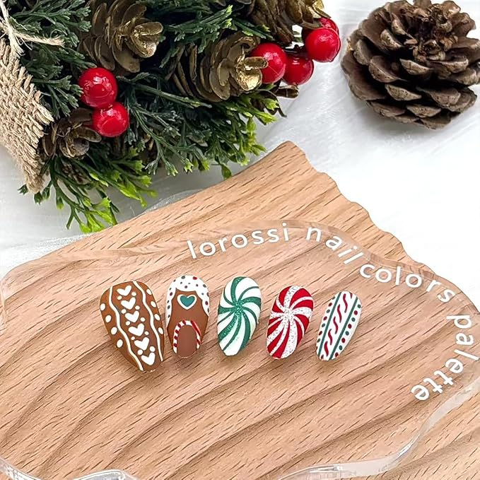 30pcs Christmas Press on Nails Medium Almond Fake Nails Glitter Red Green Spiral Pattern False Nails with Colorful Stripe Heart Design Brown Glue on Nails Full Cover Artificial Stick on Nail for Women