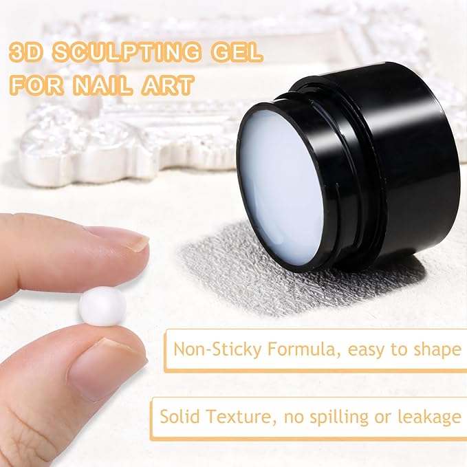 3D Sculpting Gel for Nail Art, Clear & White Solid Builder Kit, Non-Sticky Hard Gel for Hand Molding with Silicone Carving Pen and Nail Decorations, DIY Manicure Salon Supplies
