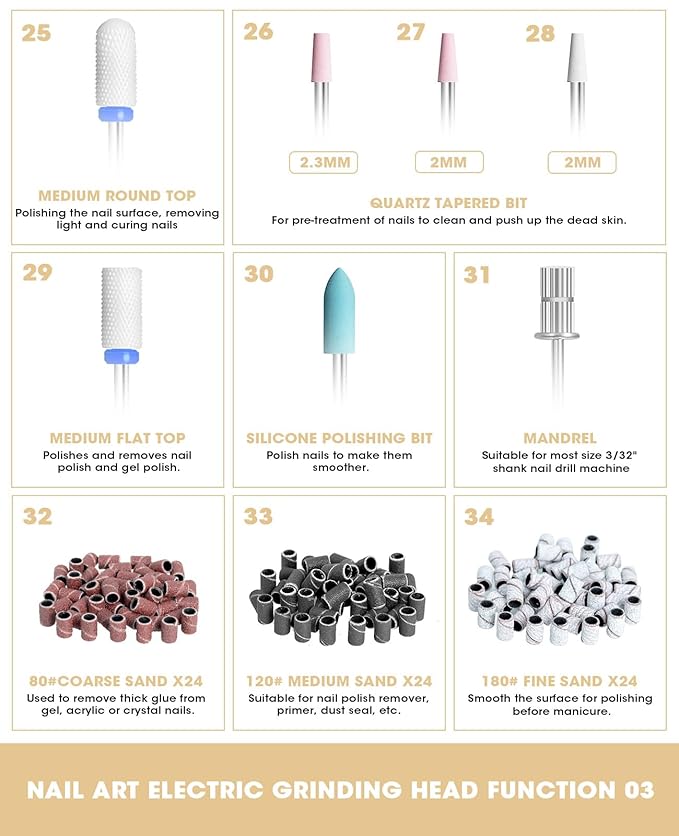 Onism 30Pcs Nail Drill Bits Set, 3/32" Tungsten Carbide Ceramic Quartz Kit with 75 Sanding Bands (#80/120/180), 40-Slot Expandable Organizer Box for Acrylic Gel Removal & Prep, Silver
