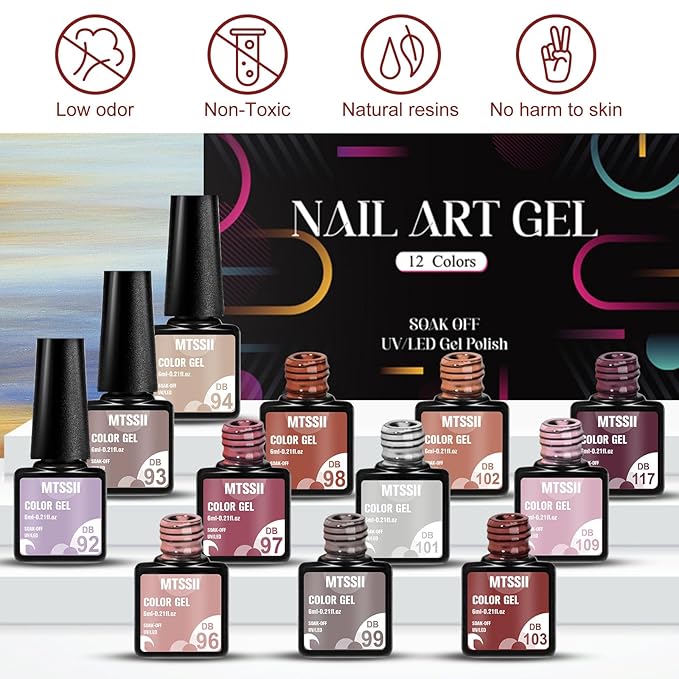MTSSII Gel Nail Polish Set, 12PCS Brown Grey Violet Gel Nail Polish Kit, Soak Off UV/LED Nail Polish Nail Art Design Salon Home Gifts for Women