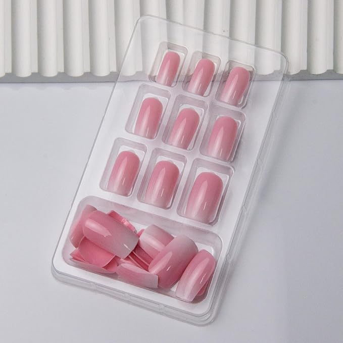 Press on Nails Short Square Fake Nails Ombre False Nails Press ons Glossy Nude Pink Glue on Nails Full Cover Stick on Nail for Women Nail Decoration 24Pcs