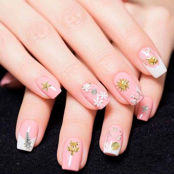 2 Disc Ocean Nail Art Charms, 3D Metal Nails Stickers, Beach Starfish Seashell Decals Manicure DIY Embellishments for Women- Gold& Silver