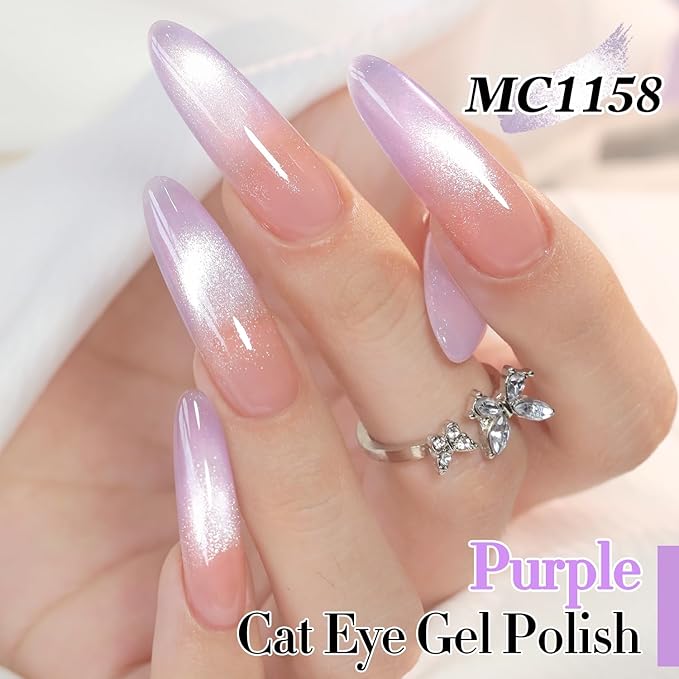 Double Rhythm 0.5 Oz Cat Eye Gel Polish with Magnet Same Color Same Bottle Holographic Glitter Shimmer Translucent Color Salon 15 ML Magnetic Nail Art (Purple-MC1158)