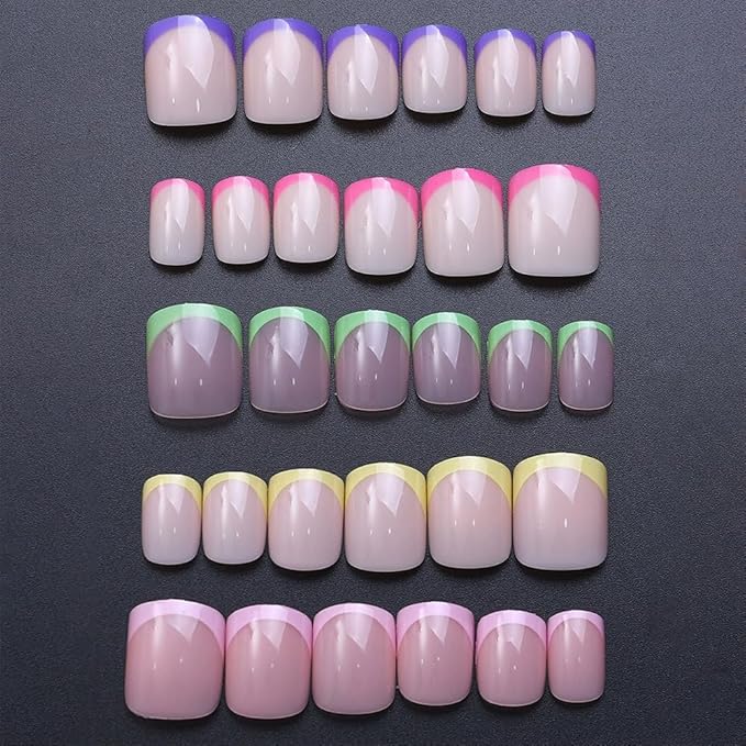 10 Packs 240Pcs French Tip Press on Nails Short Square Fake Nails Colorful Nail Tips Acrylic Nails Glossy Cute Artificial False Nails Chrome Glue on Nails for Women Girls Manicure Nails Decoration