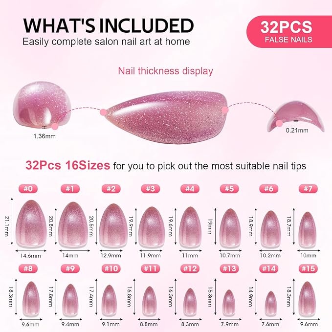 Press On Nails Short - Findigit Pink Cat Eye Almond Press On Nails with Glue for Women, Soft Gel Glue On Nails in 16 Sizes - 32 Stick On Fake Nails Kit, Pink Galaxy