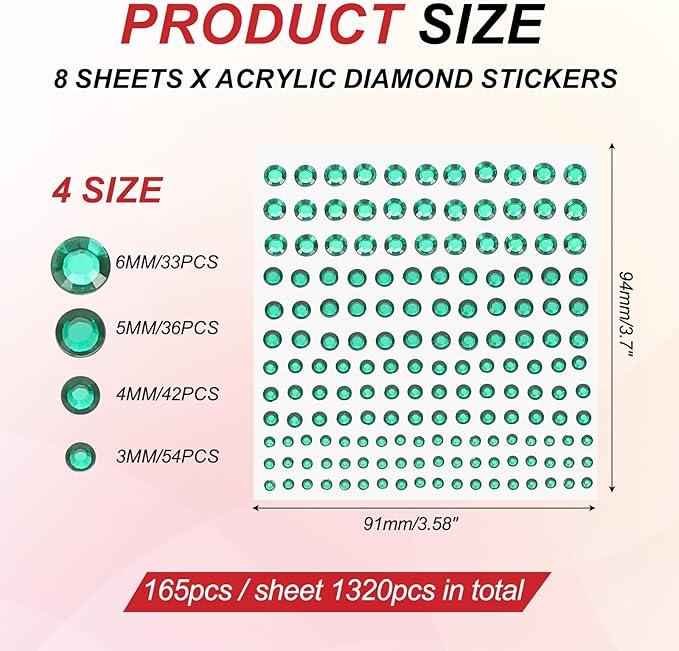 PATIKIL 1320 Pcs Acrylic Gem Sticker, 4 Size 3/4/5/6mm Self Adhesive Rhinestones Face Gem Stones Bling Jewelry for Nail Art Craft Clothes DIY Makeup Decoration Party, Green