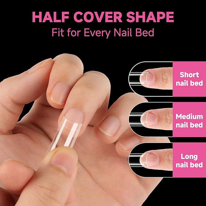 UNA GELLA No C Curve Medium Square Nail Tips 504 Pcs Half Cover Square Gel Nail Tips Pre-file Half Matte Straight Nails Tips Clear Fake Nails For Nail Extension Home DIY Salon with Box