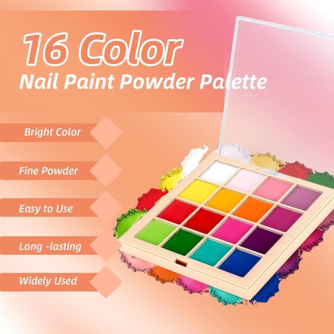 Nail Pigment Powder Palette Set, 16 Colors Ombre Nail Powder Palette French Aura Nails Ombre Nail Brush Nail Long-lasting Manicure Art DIY Accessories (06)