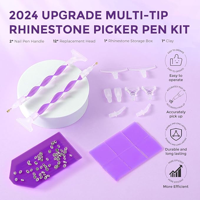 Rhinestone Picker Tool Kit: 2Pcs Rhinestone Applicator Handle, Dual-Ended Bedazzling Tools Pen with 12 Upgraded Plastic Replacement Tips, Clay for DIY Nail Art Craft (Purple)