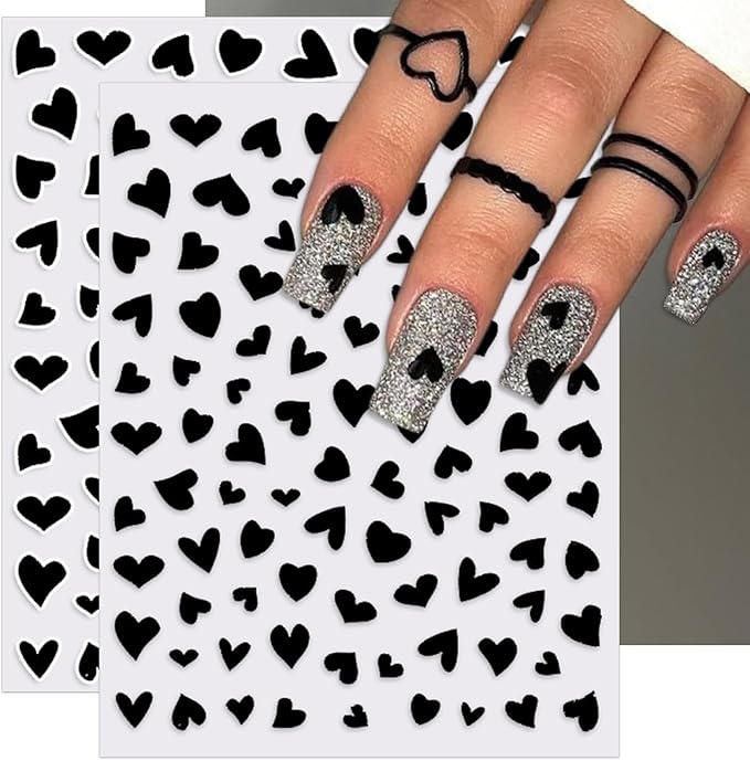 Valentine's Day Nail Art Stickers - Sexy White Border Heart Nail Decals, Self-Adhesive Black White Red Pink Love for DIY 3D Nail Supplies Decoration (6 Sheets)