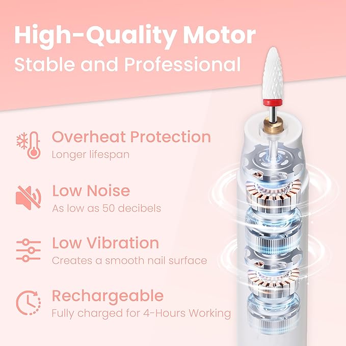 Cordless Electric Nail Drill Kit, Portable Rechargeable Nail Drill Set, Battery Electric Nail File, 5 Speeds Modes, LED Lighting, Reversible Direction, DIY, Professional (White)