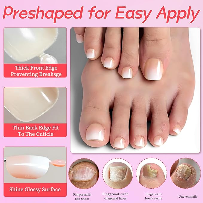 120PC Ombre Press on Toenails for Women Fake Toe nail Press ons Acrylic Toe Press on Nails Set, Ombre Press on Toe Nails Press on Fake Toenails Press ons Acrylic Toe Nail Tips Kit&Glue Tab-E