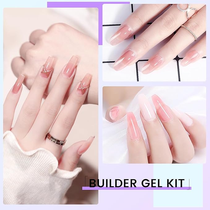 Hard Gel Builder Gel for Nails Strong Durable Hand Nude 3D Sculpting for Nail Extension 2oz (clear&pink, 1fl.oz*2)
