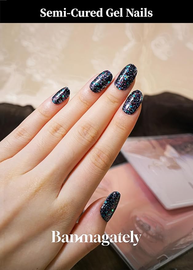 Semi Cured Gel Nail Strips, 20Pcs Long Lasting Salon Quality Wraps, Easy Apply & Remove Gel Nail Stickers with UV Light (Ember Glitz Black)