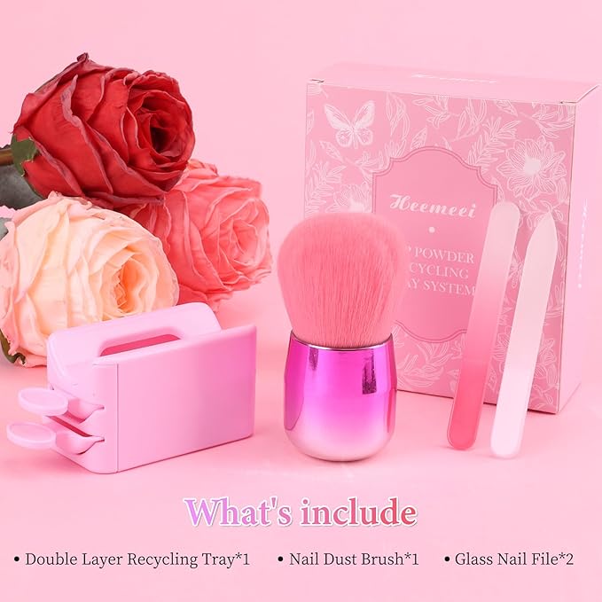 Dip Powder Recycling Tray System, Portable Nail Dip Powder Tray Kit with Nail Dust Brush, Glass Nail File, French Nail Art Manicure Essential Tool, Makeup Tool Glitter Saver