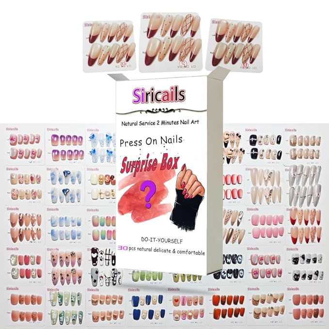 Press On Nails Surprise Box, Mystery Pack of Various Options, Patterns and Nail Types, Reusable,15 Sizes - 30 Nail Kit with Storage Box, Mini File, Manicure Stick, Prep Pad, Nails Adhesive Tabs