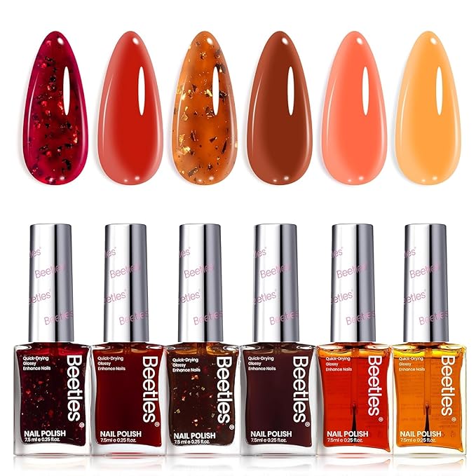 Beetles Valentines Nail Polish Set - Golden Harvest 6 Colors Quick Drying Long-Lasting Burgundy Red Brown Jelly Glitter Valentines Nail Polish for DIY At-Home Manicure Valentines Gift for Women