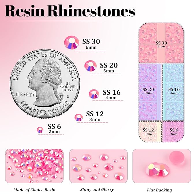 Resin Rhinestones for Crafting with 3Pcs 10ml B7000 Jewelry Glue, 2 Boxes Pink AB Flatback Gems Crystals Diamond for Bedazzling Crafts DIY Nail Art Makeup,Gems for Clothing Tumblers Shoes