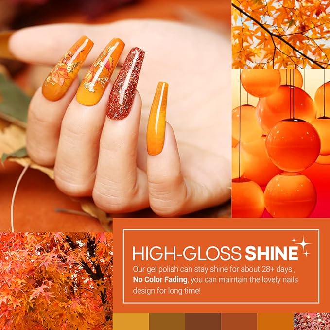 modelones Fall Gel Nail Polish Set, 6 Colors Orange Yellow Brown Glitter Gel Polish Soak Off Nail Kit Manicure DIY Nail Art Salon Home Gift for Women Girls