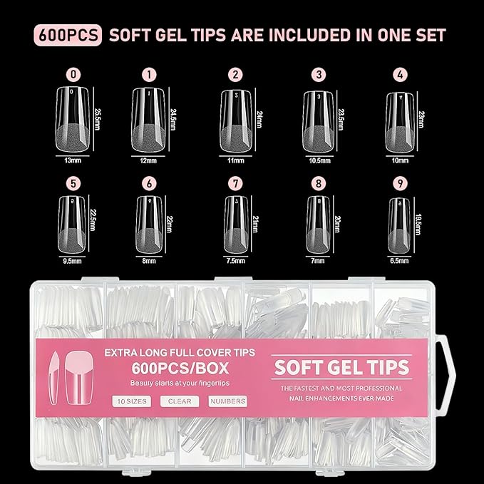 Square False Nail Tips Half matte nail extension tips kit full cover nail tip kit press on false nail tips for nails Salon Or Home DIY 10 sizes 600pcs pre-shared Square nail tips set