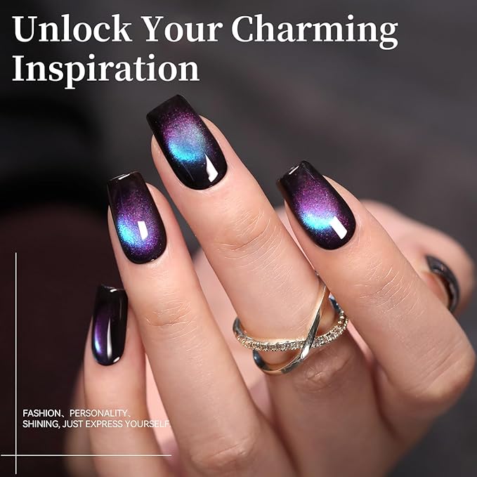 Born Pretty Cat Magnetic Eye Gel Nail Polish Set,Glitter Blue Pink Green Purple Holographic Magnetic Gel Polish Shimmer Auroras Gel Polish for Salon Manicure DIY 6PCS 7ML