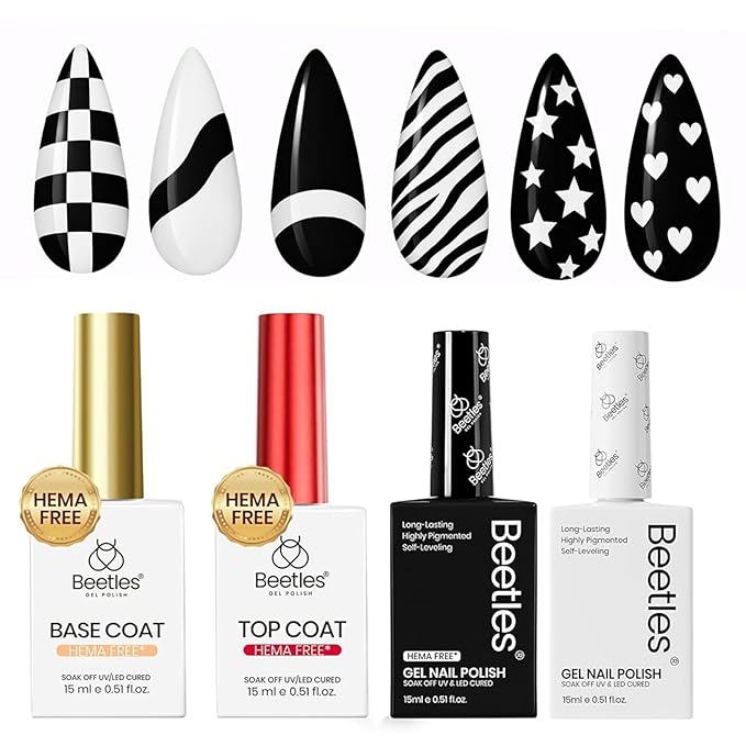 Beetles French Tip Gel Polish - Ink Snow Twins with Base Coat Top Coat, 2 Colors Black & White Gel Nail Polish Set, Soak Off UV LED French Nail Kit, Spring Nails Complete for Beginner & Professional