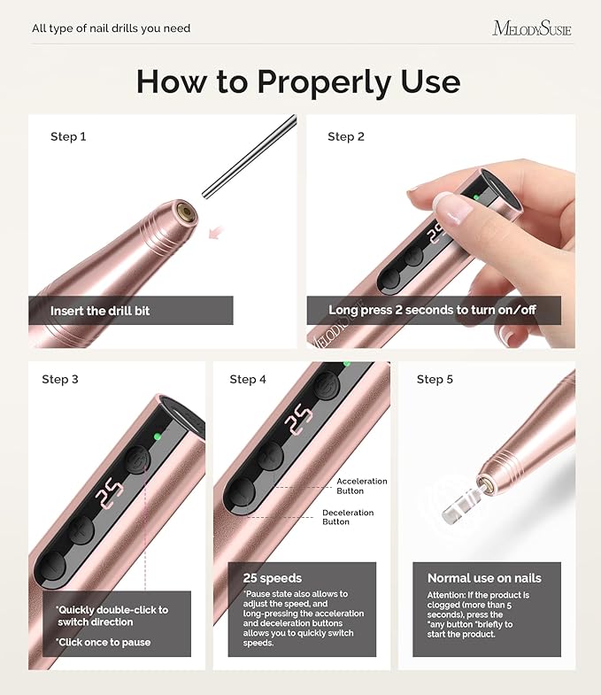 MelodySusie Pen-Shaped Portable Cordless Nail Drill, PC180F 25000RPM Rechargeable Electric File with LED Display for All Nail Care, Manicure Shaping & Acrylic Gel Removal for Nail Artists DIY at Home