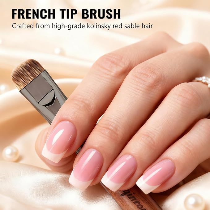 Kolinsky French Tip Nail Art Brush, Clean Up Brush for Gel Nail Polish, Wooden Handle with Dotting Tool