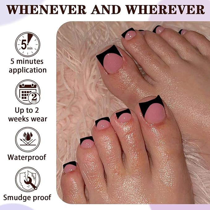 150pc French Tips Press on Toenails Women Toe Nail Press ons, Black French Tip Toe Press on Nails Fake Toenails Square Fake Toes Nail Tips Glue on Toenail Stick Acrylic Toes Nails Kit with Glue Tab