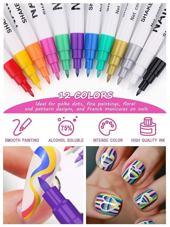Kalolary 3D Nail Art Pens Set, 12 Color Pens, DIY Nail Art Beauty Adorn Manicure Tools