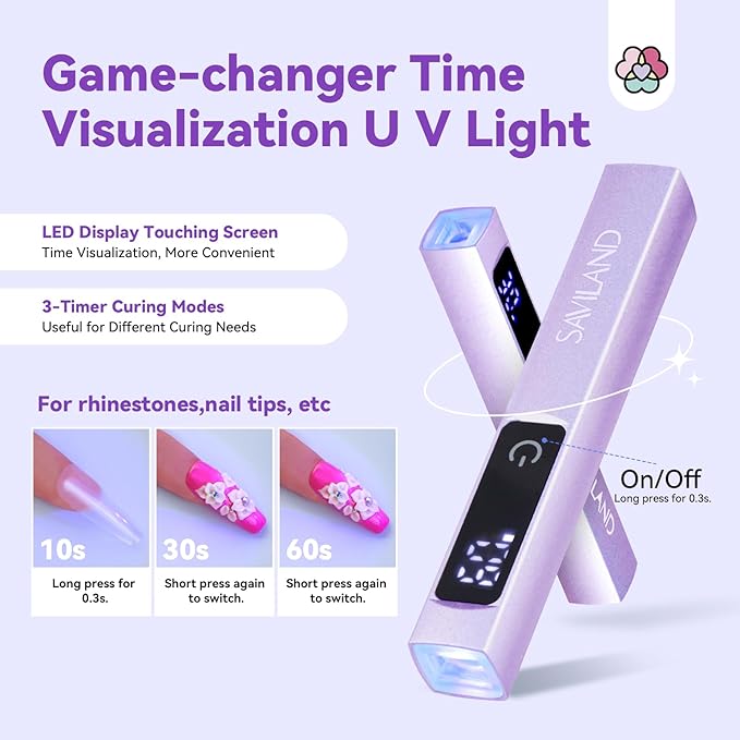 SAVILAND Handheld UV Light for Gel Nails: Magnetic Stand & 10S Flash Cure Light 3-Timer Modes Portable LED Nail Lamp Nail Dryer Cordless Gel Lamp LCD Screen Home DIY Manicure Purple