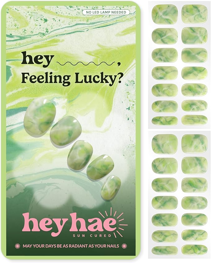 Heyhae Semi Cured Gel Nail Strips | No LED Lamp Needed | Summer, Marble, Green | Easy Apply & Remove, Salon Quality | Includes 28 Strips, 1 Prep Pads, Nail File & Wooden Stick - Hey, Feeling Lucky?
